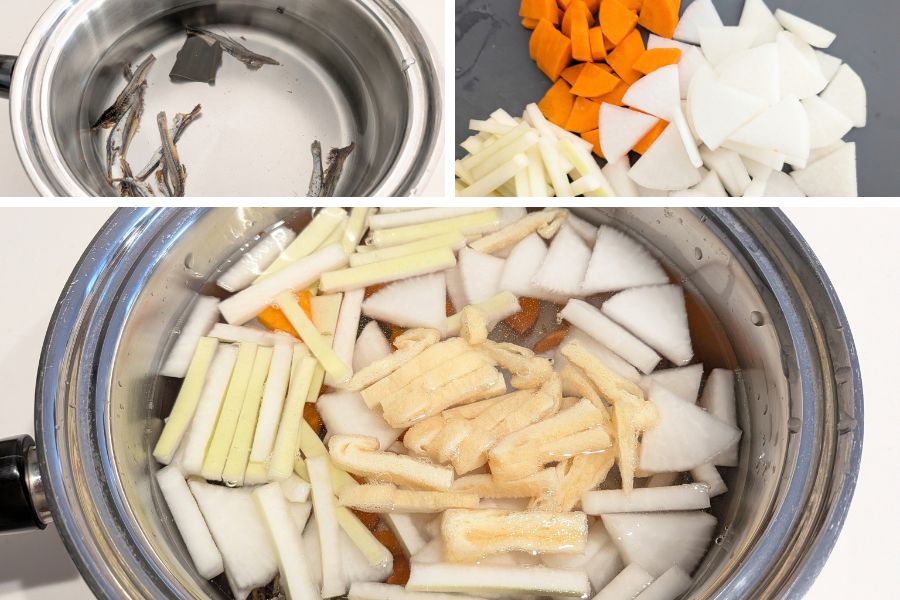 出汁の材料と豆腐以外の具材を順を追って鍋に仕込んだところ