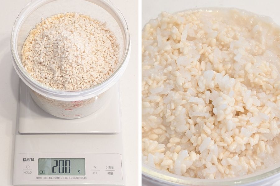 デジタルスケールの上に炊立てのご飯と水を混ぜた内容器を載せ、重さを一度0にし、乾燥米麹200gを入れ混ぜ合わせたところ